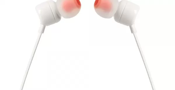 Audífonos in ear con micrófono JBL T110 cable plano, conector 3.5 mm, control de música y llamadas, blanco